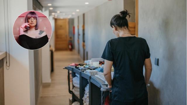 La limpiadora Cristina Simón y una limpiadora en un hotel.