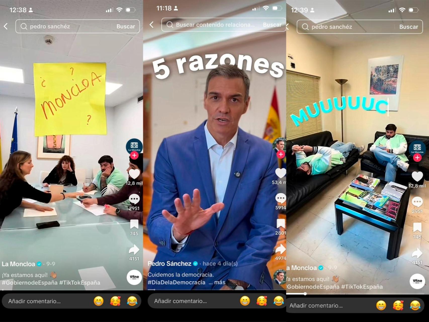 Pedro Sánchez y su equipo en diferentes imágenes difundidas en el canal de TikTok de Moncloa y la cuenta oficial de Sánchez.
