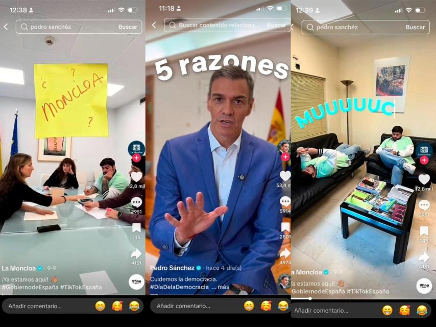 Pedro Sánchez y su equipo en diferentes imágenes difundidas en el canal de TikTok de Moncloa y la cuenta oficial de Sánchez.