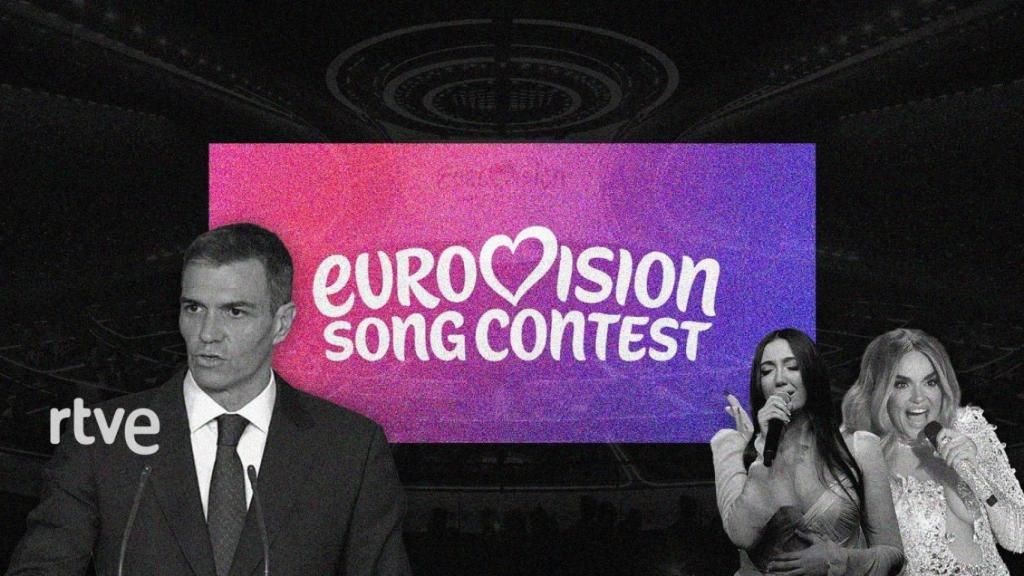 Imagen de Pedro Sánchez, Yuval Raphael, Melody y el logo de Eurovisión 2026.