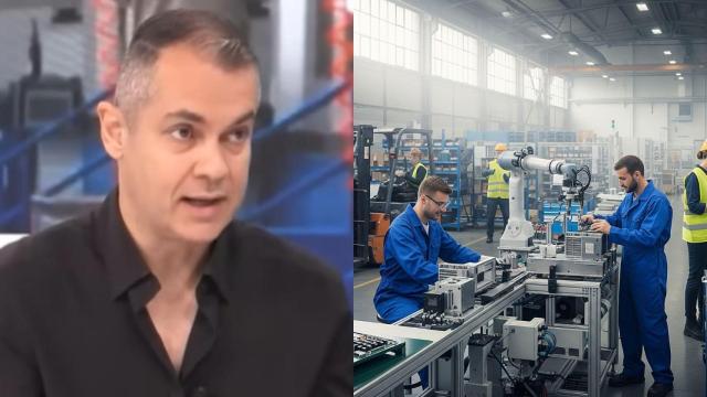 Imagen de Adrián Díaz y una imagen generada por IA de varios trabajadores en una fábrica.