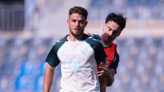 Dani Lorenzo y Dorrio durante un entrenamiento en La Rosaleda.