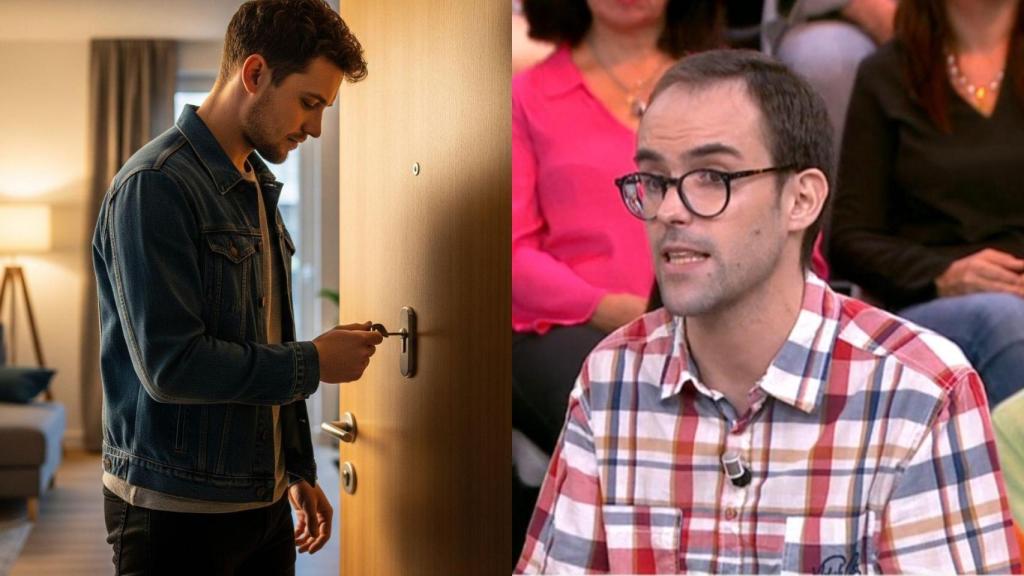 Imagen generada por IA de un inquilino entrando a su piso y Cristóbal Plaza.