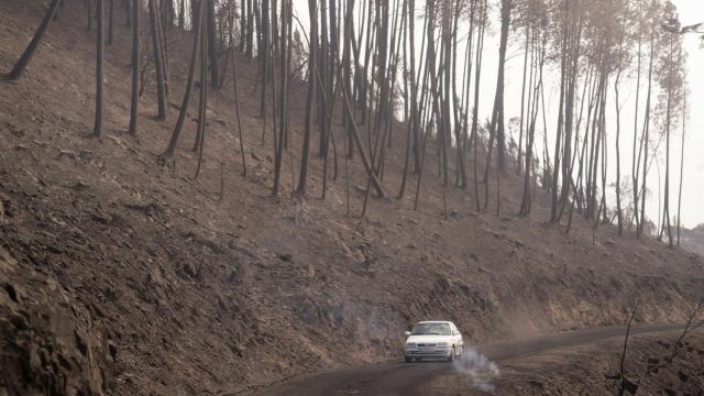 Un coche circula al lado del terreno calcinado, a 20 de septiembre de 2025, en A Barca, Sober, Lugo, Galicia (España).