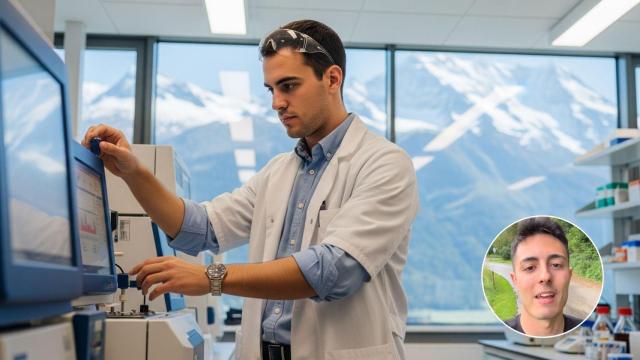 Imagen generada por IA de un joven trabajando en Suiza y Fer.