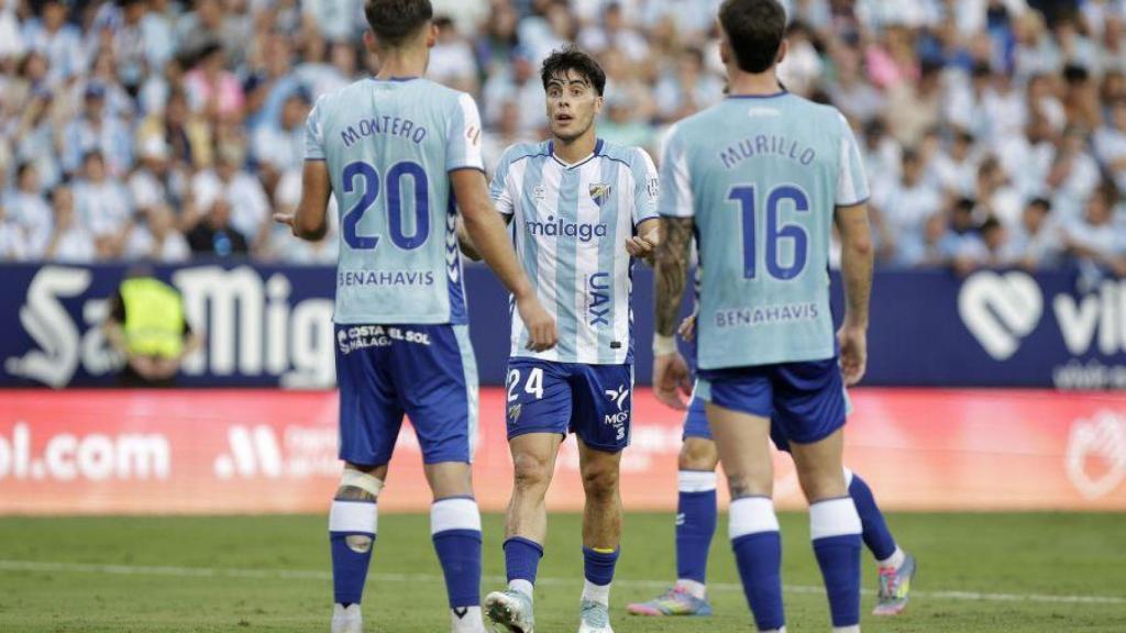 Los jugadores del Málaga durante el partido contra el Cádiz en La Rosaleda.