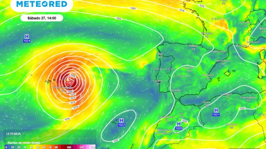 La aproximación del huracán Gabrielle convertido en borrasca hacia España. Meteored.