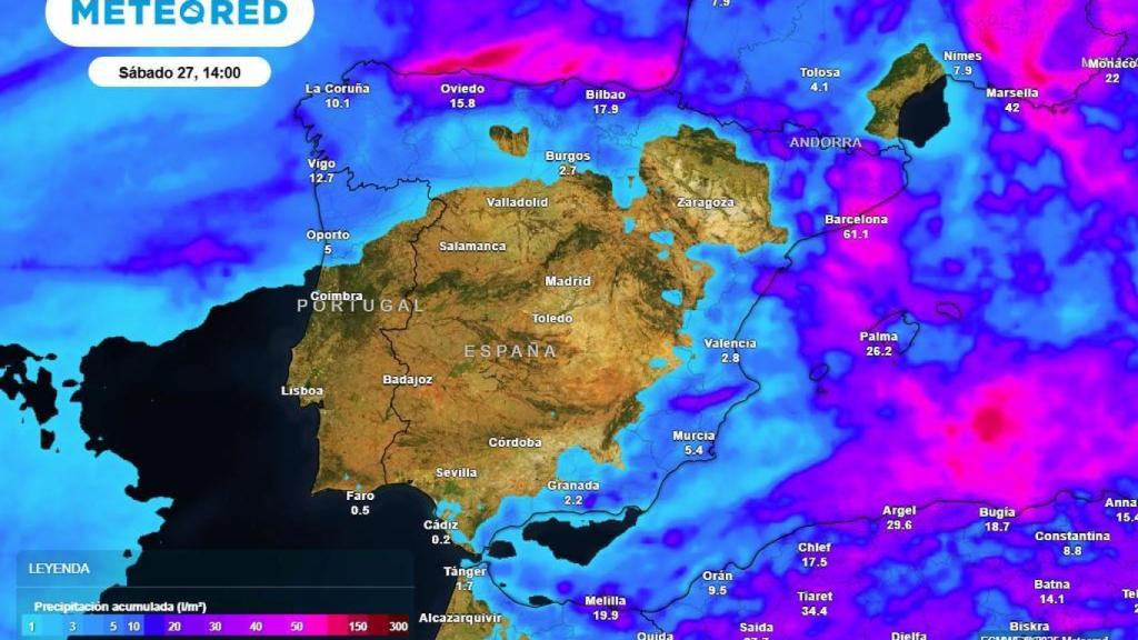 Imagen del modelo de previsión de precipitaciones para el próximo sábado