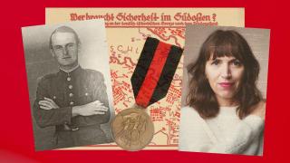 La autora Vanessa Springora y, a la izquierda, su abuelo Josef con uniforme militar. Diseño: Rubén Vique