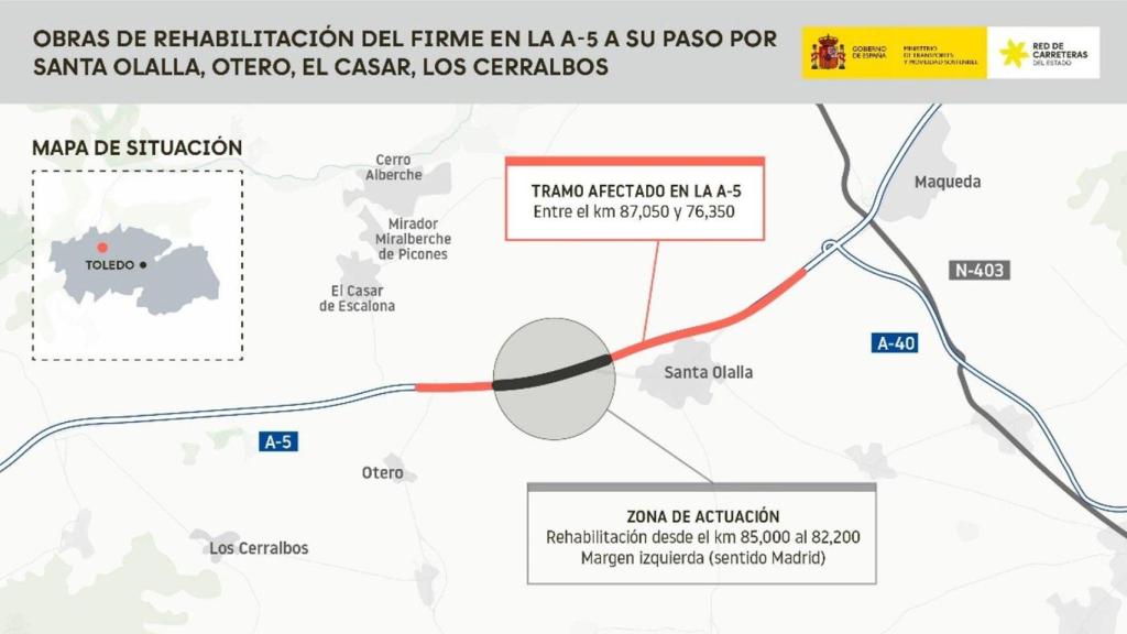 Cortes y desvíos por reasfaltados en la A-5