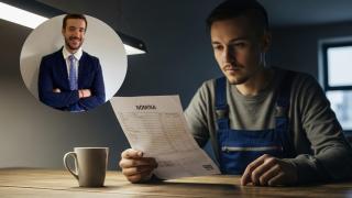 Montaje de Juanma Lorente con un trabajador leyendo su nómina en una imagen creada con IA.