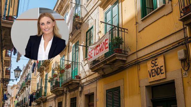 Montaje de María Matos con carteles de 'se vende' en una foto creada con IA