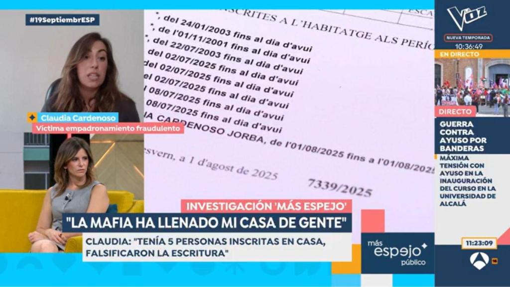 Claudia Cardenoso, víctima de empadronamiento fraudulento, en el programa 'Espejo Público'