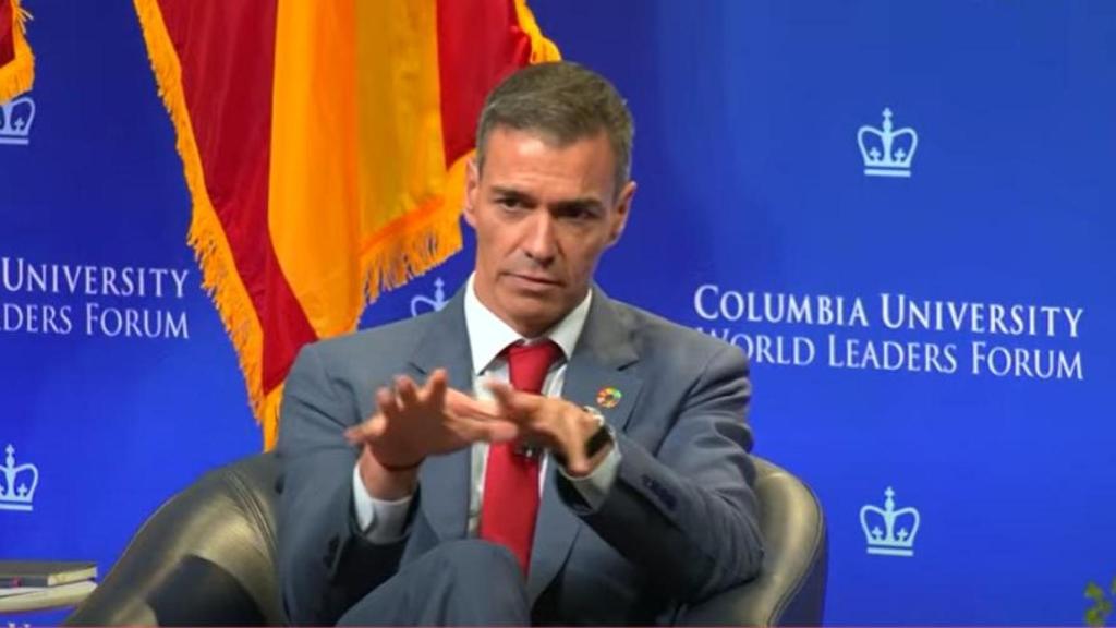 El presidente del Gobierno, Pedro Sánchez, durante la conferencia que impartió este lunes en la Universidad de Columbia.