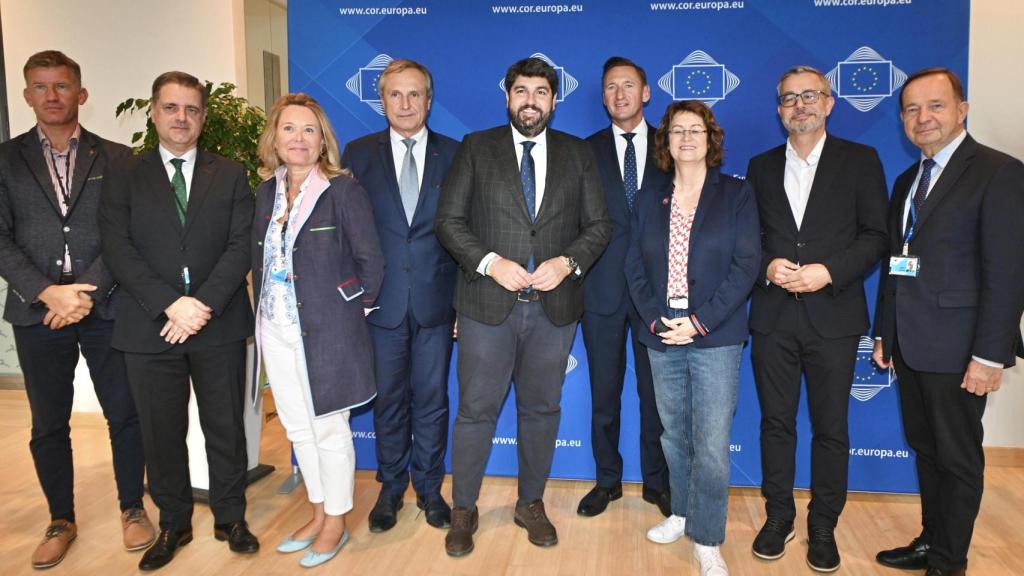 López Miras (c), este lunes, con el resto de integrantes del Grupo de Trabajo sobre Defensa del Comité Europeo de las Regiones.