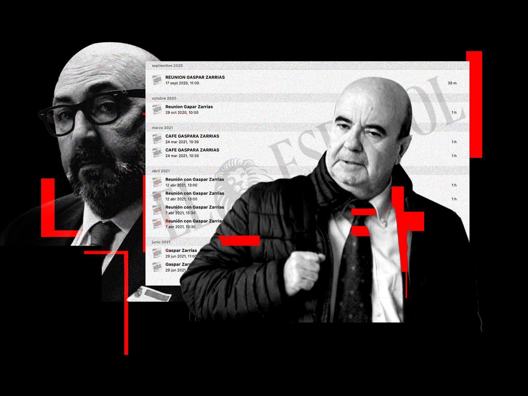 Koldo García y Gaspar Zarrías junto a la agenda del asesor de José Luis Ábalos.