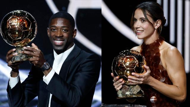 Ousmane Dembélé y Aitana Bonmatí, con el Balón de Oro 2025.