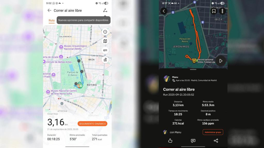 En la izquierda la distancia recorrida por el reloj y en la derecha la que recoge Strava