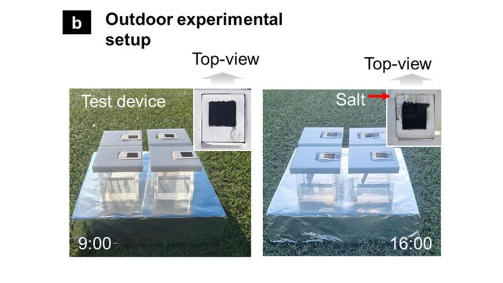 El sistema de desalinización mostrando que la sal acumulada no bloquea la evaporación