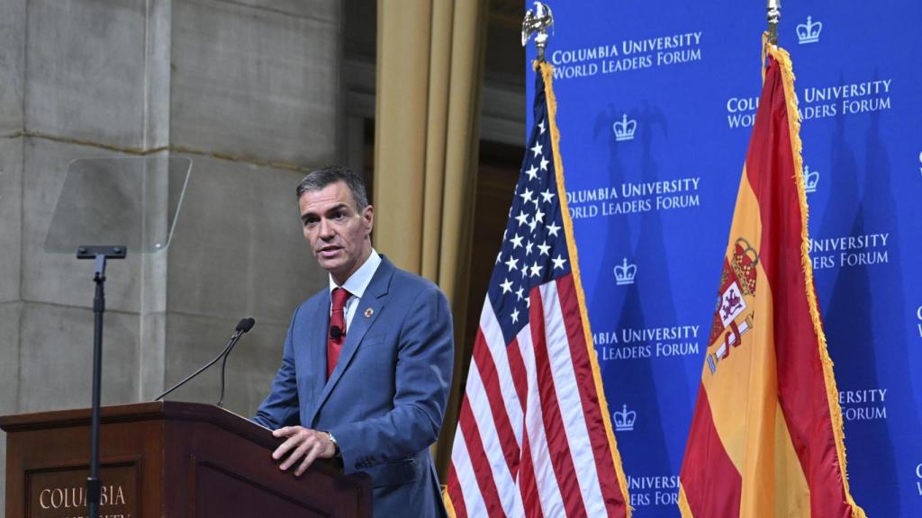 El presidente del Gobierno, Pedro Sánchez, durante su intervención en la Universidad de Columbia.