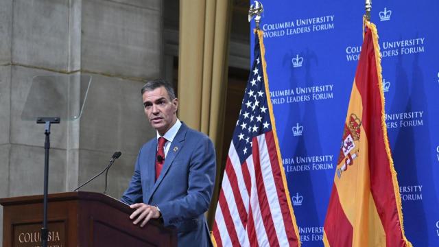 El presidente del Gobierno, Pedro Sánchez, durante su intervención en la Universidad de Columbia.