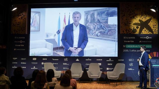 Alfonso Rueda, presidente de la Xunta de Galicia, durante su intervención en el Observatorio de los ODS.
