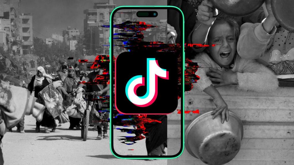 Fotomontaje usando fotos del genocidio y el logo de TikTok.