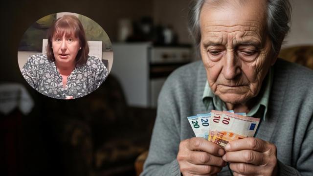 Montaje de Laura Allué con un jubilado contando dinero en una imagen creada con IA.