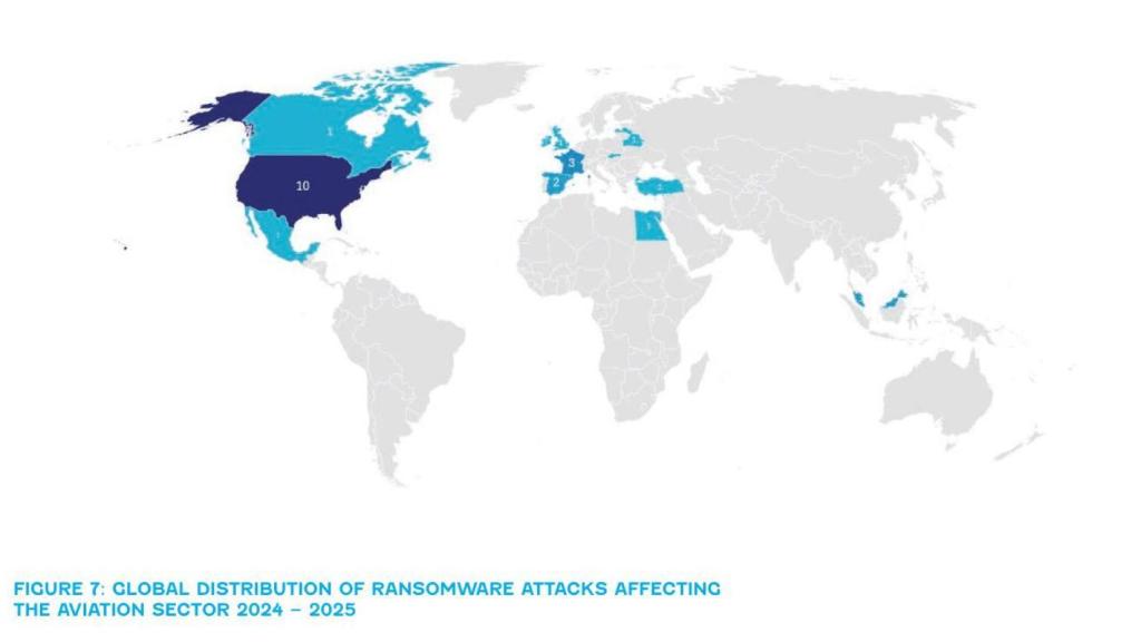 Distribución global de los ataques de ransomware que afectan al sector de la aviación.
