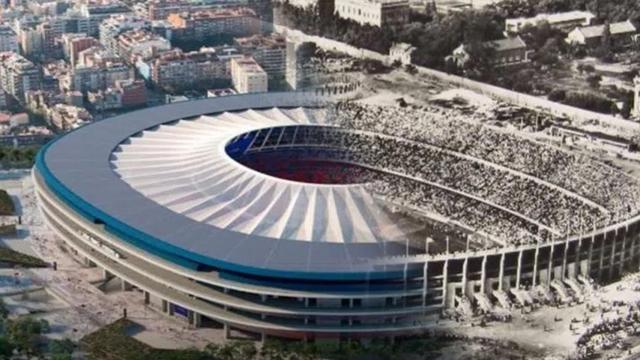 Imagen del render del nuevo Camp Nou y del estadio en su inauguración.