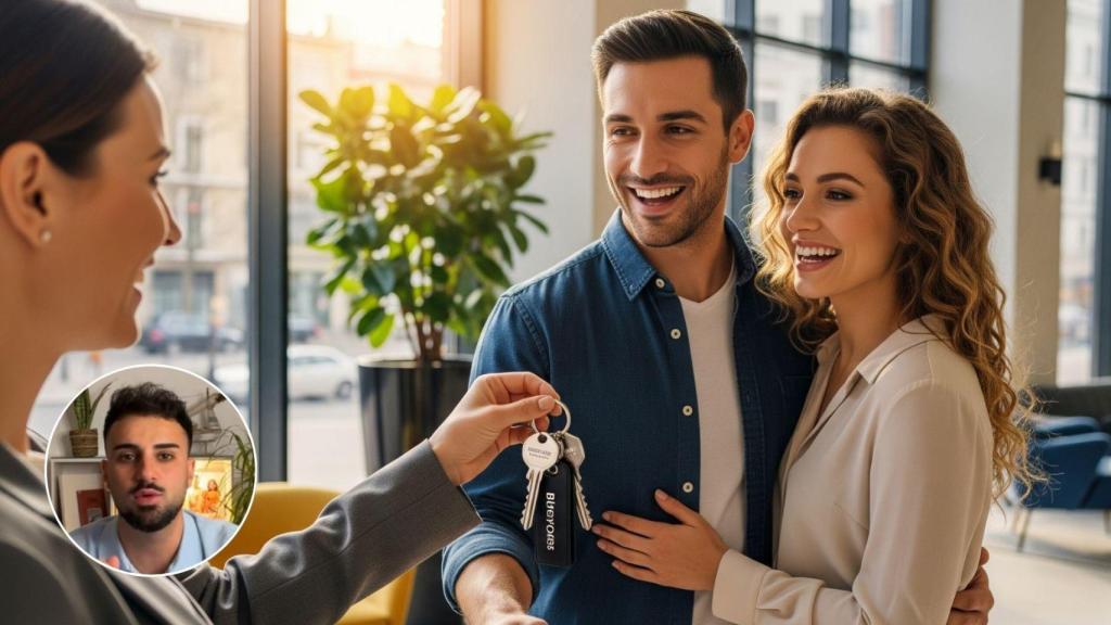 Imagen generada por IA de una pareja recibiendo las llaves de su vivienda y Antonio Costa.