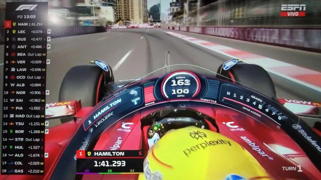 Los gráficos en tiempo real sobreimpresos sobre el halo del Ferrari de Hamilton