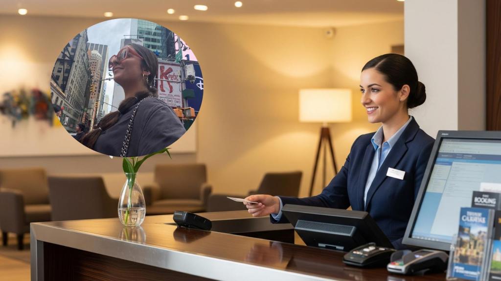 Montaje de Laura con una imagen de una recepcionista de hotel creada con IA.
