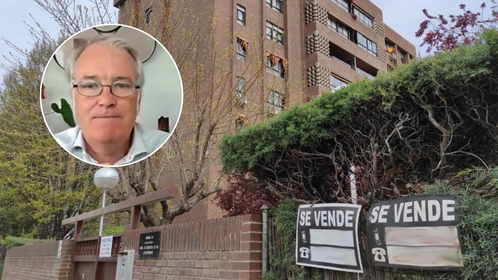 Enrique García portavoz de la OCU, y un anuncio de venta de viviendas.