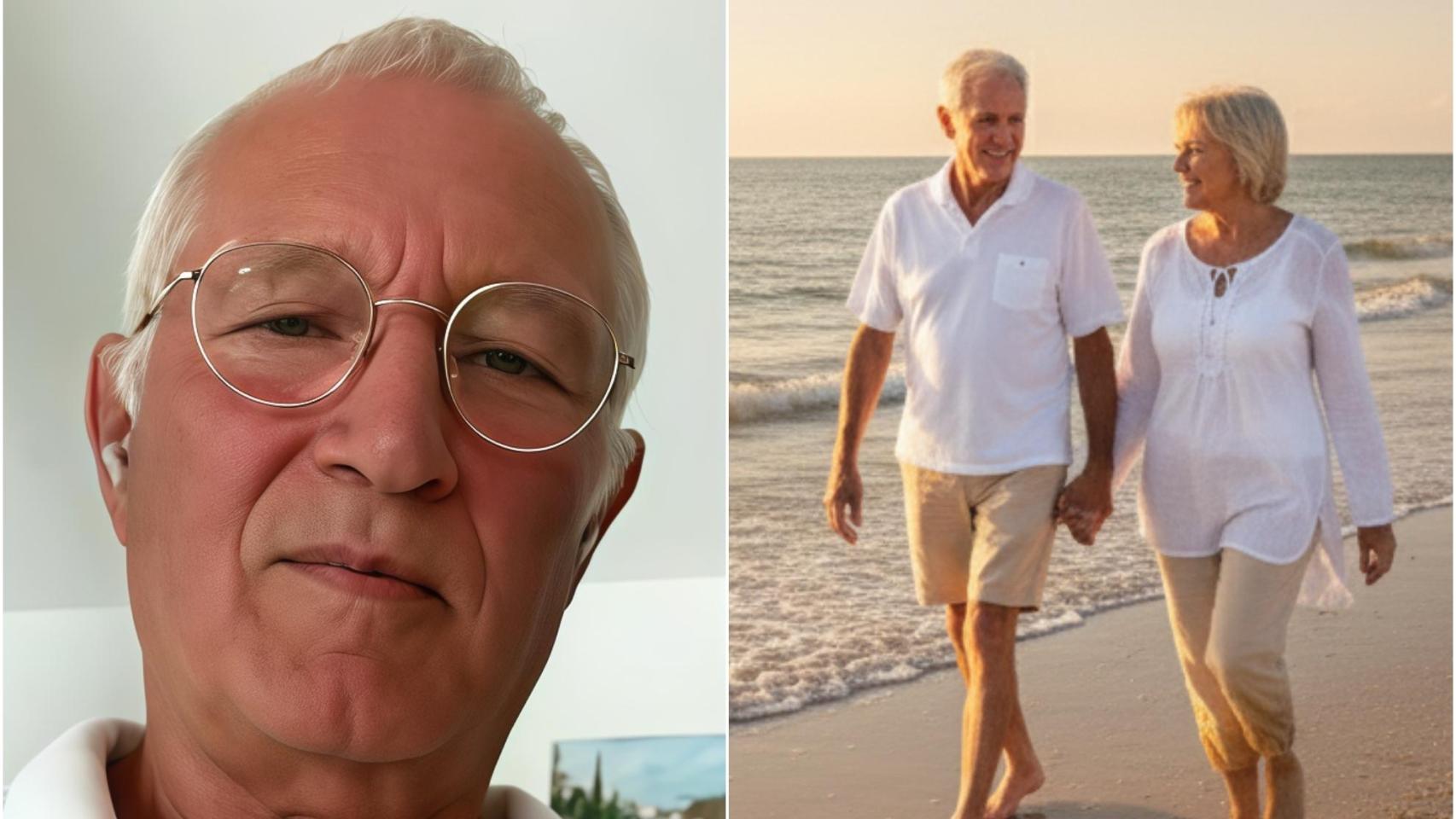 Una pareja de jubilados generada por IA y Christoph, un suizo retirado en España.