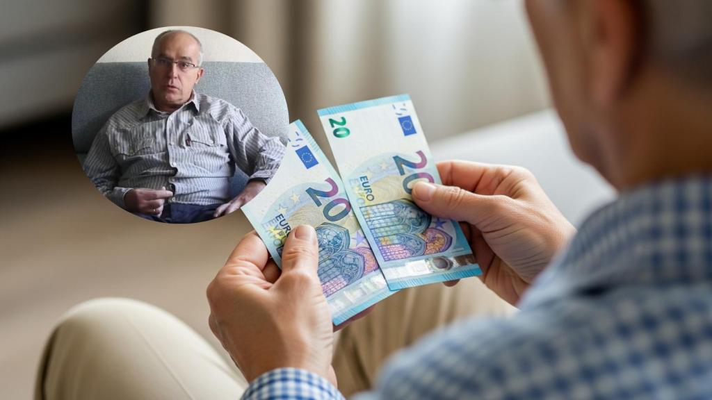 Montaje de Santiago Martínez con un pensionista contando dinero en una imagen creada con IA.