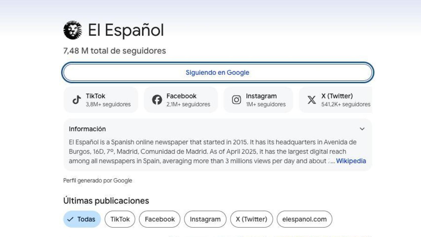 Perfil de EL ESPAÑOL en Google Discover