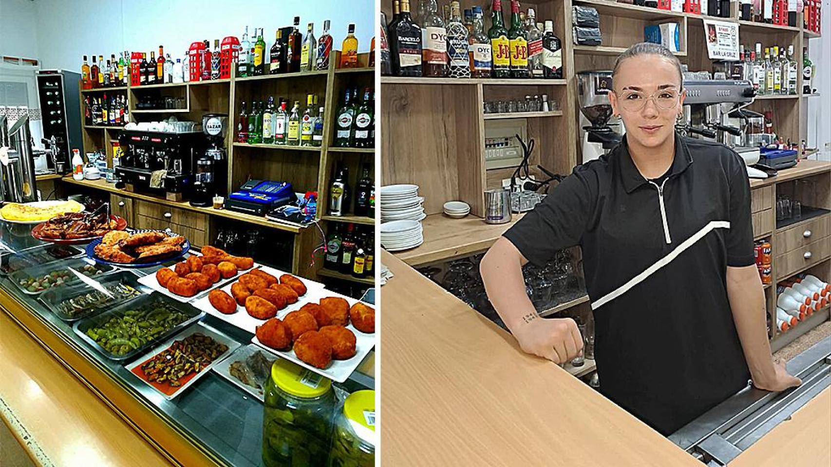 Rocío en el Bar La Cruz de Cervillego de la Cruz y la barra con pinchos