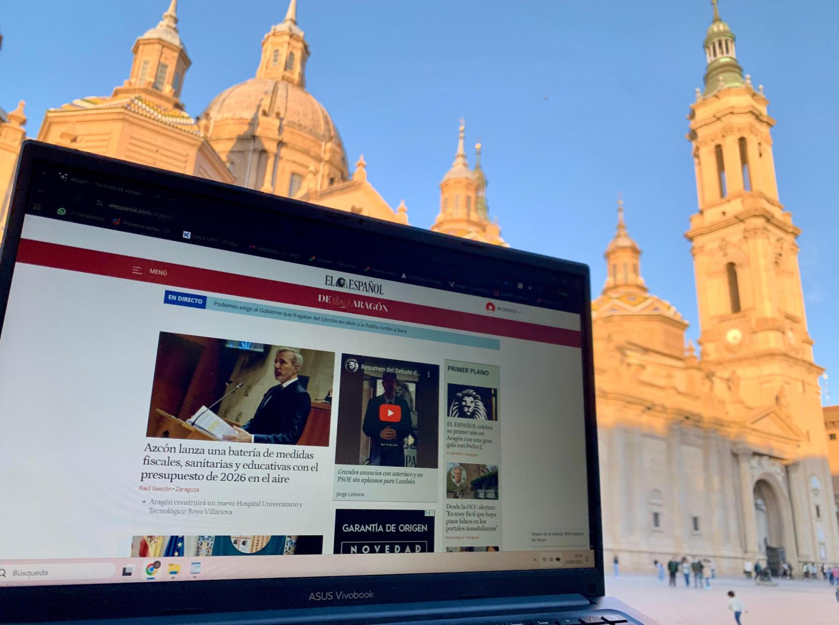 La portada de El Español de Aragón, con la basílica del Pilar de fondo.
