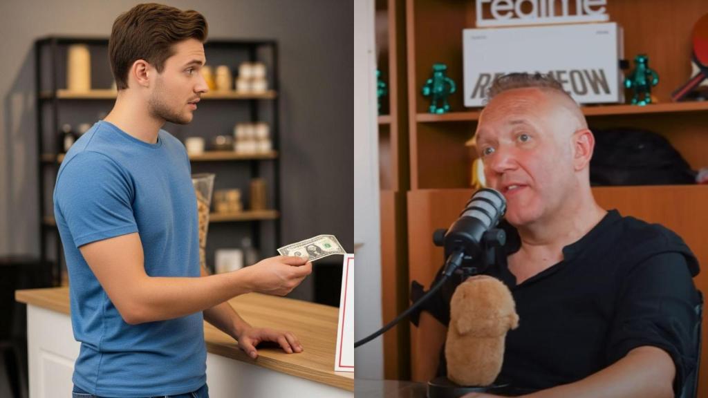 Imagen generada por IA de un joven pagando en efectivo y el empresario Andrés.