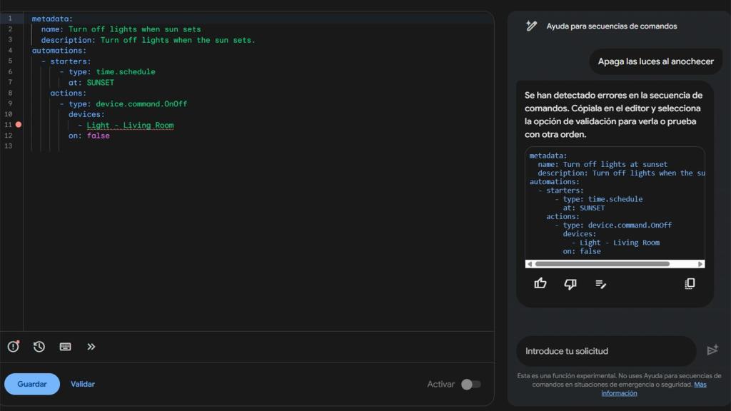 El lenguaje natural para generar código para el editor de automatizaciones