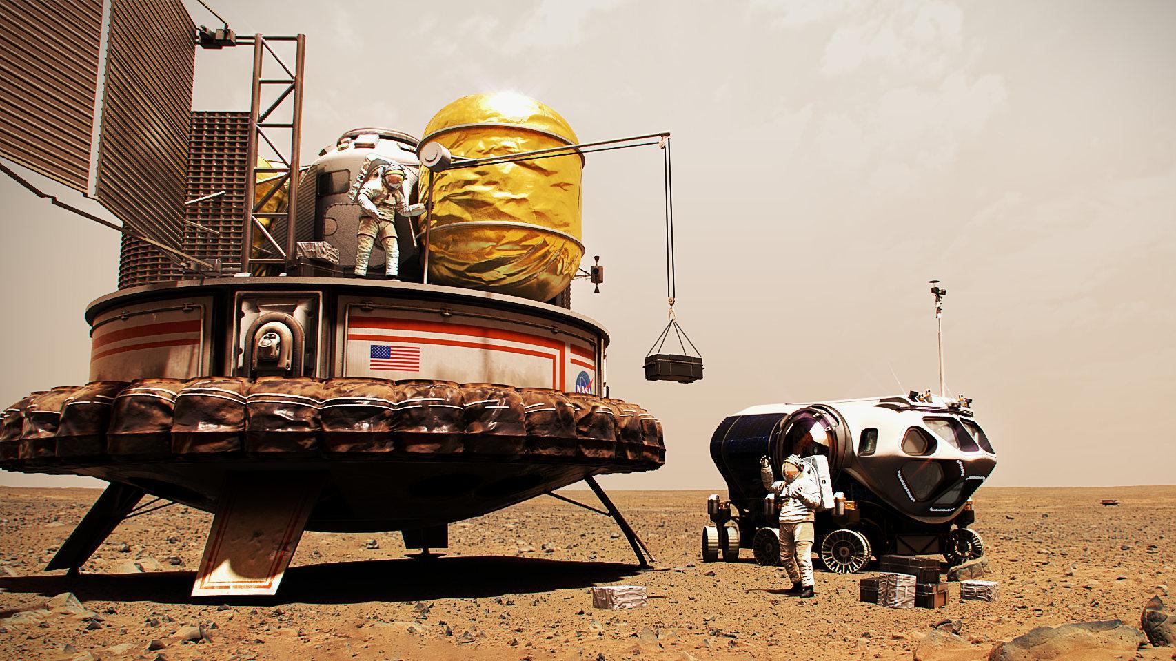 Astronautas trabajando en Marte, en una imagen generada por ordenador