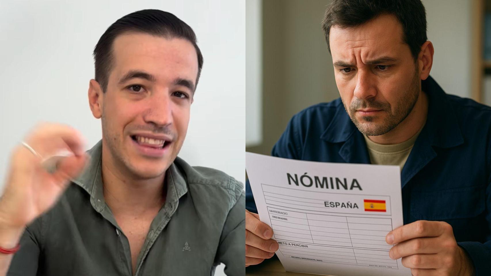 Imagen del abogado Juanma Lorente y una imagen generada por IA de un trabajador revisando su nómina.