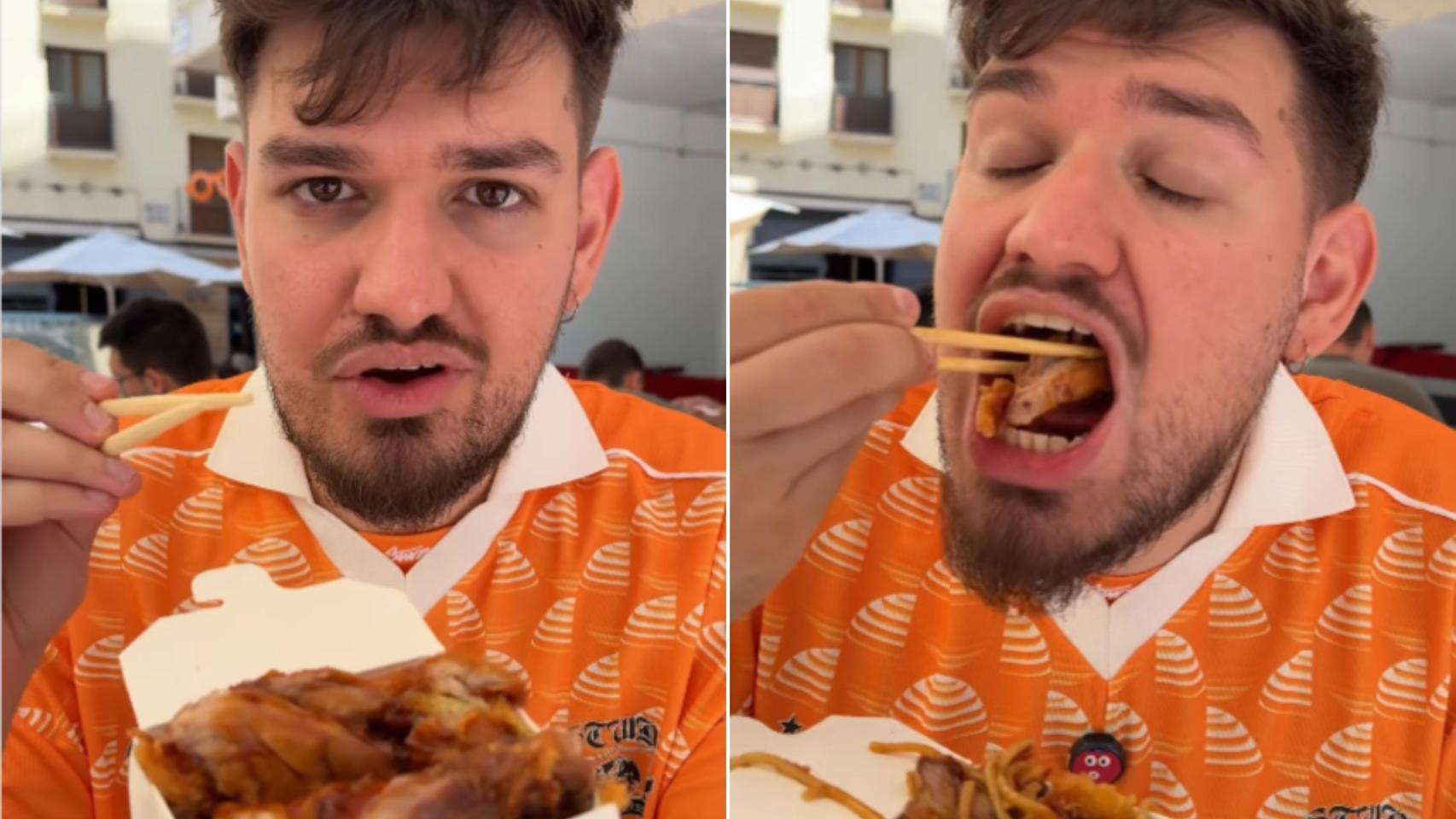 Takoyaki probando unos noodles con pato