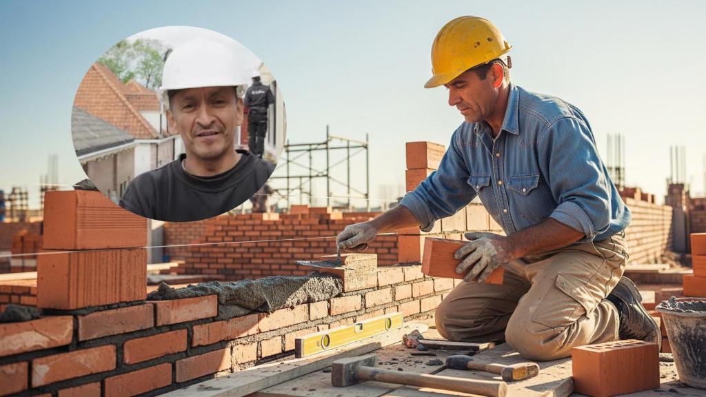 Montaje de Víctor Manuel con un obrero poniendo ladrillos en una imagen creada con IA.