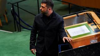 Zelenski, durante su intervención ante la asamblea general de la ONU.
