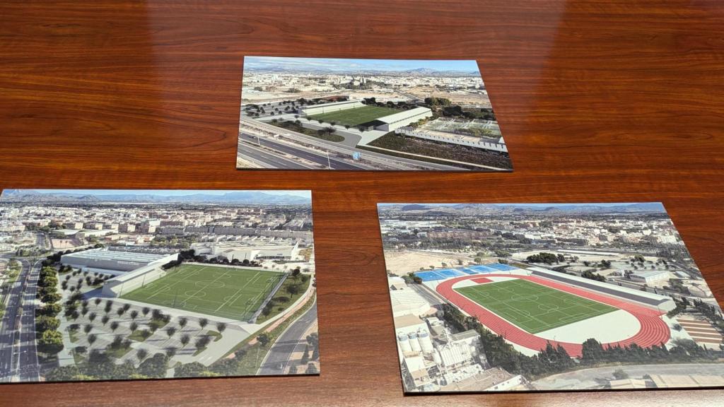 Imágenes conceptuales de los nuevos espacios deportivos. De izquierda a derecha, los campos de fútbol y hockey junto a la Facultad de Educación, el nuevo estadio y el entorno de la nueva pista de atletismo.