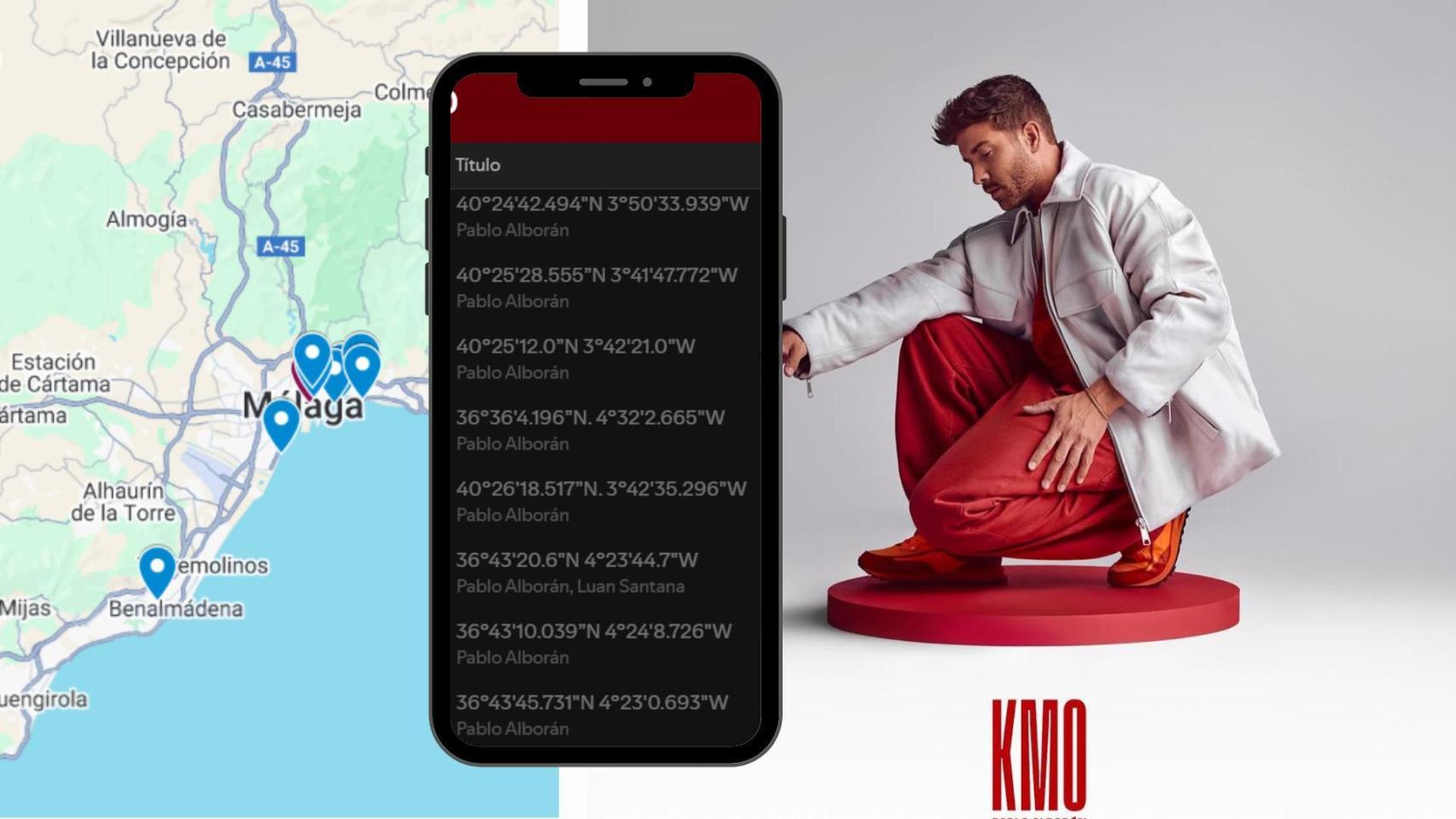 Una imagen del mapa creado por El Español,  las coordenadas del disco y la portada de Alborán.