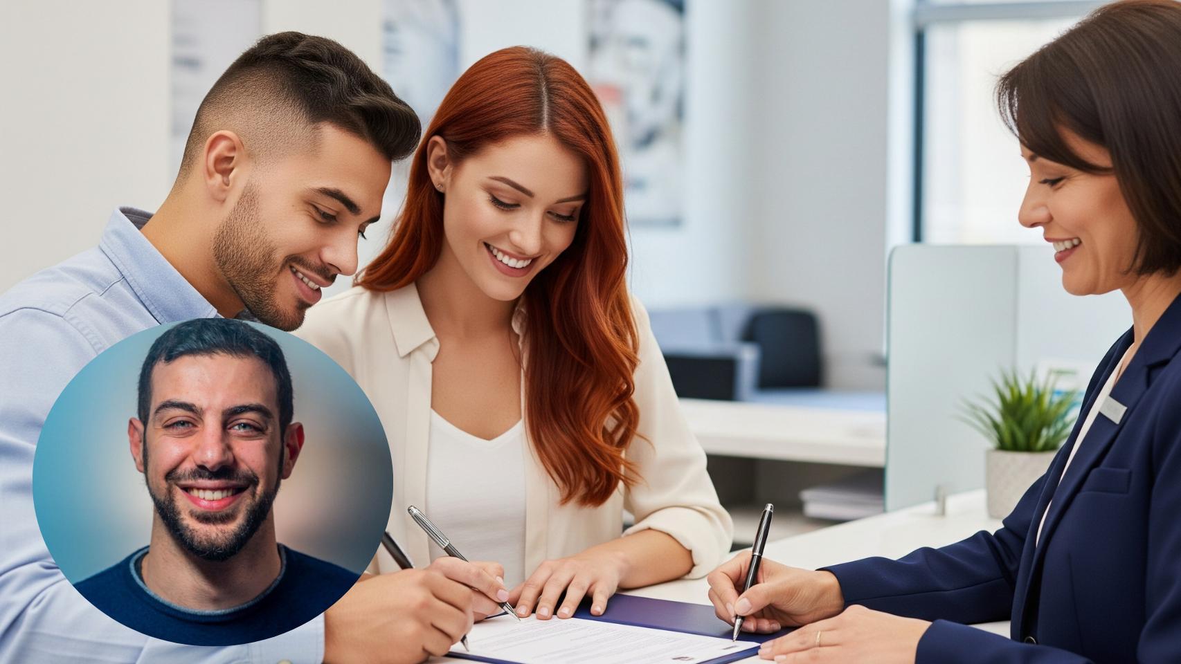 Montaje de Luca Montella con dos jóvenes firmando el alquiler en una imagen creada con IA.