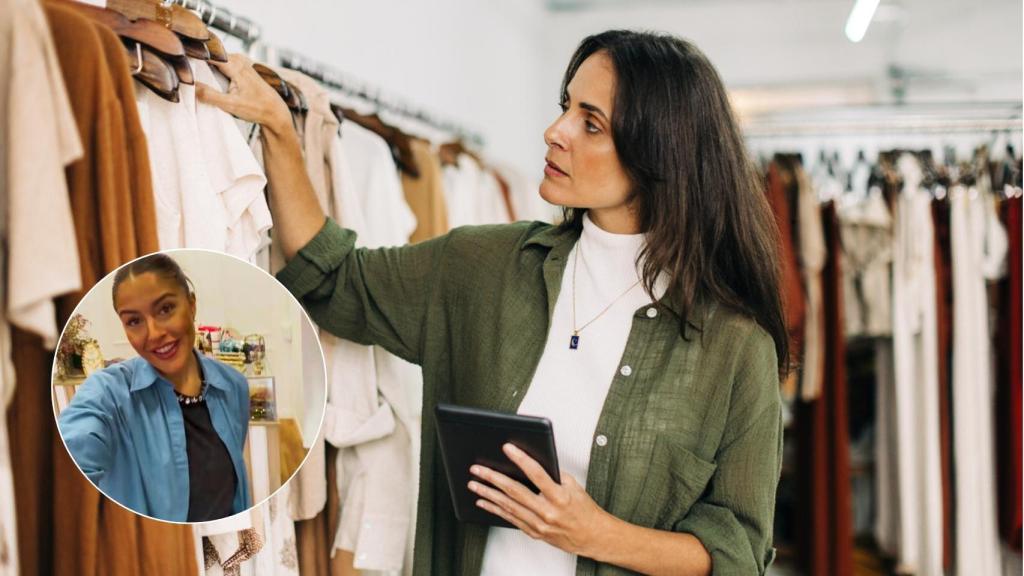 Dueña de una tienda de ropa haciendo inventario y Carolina, empresaria.